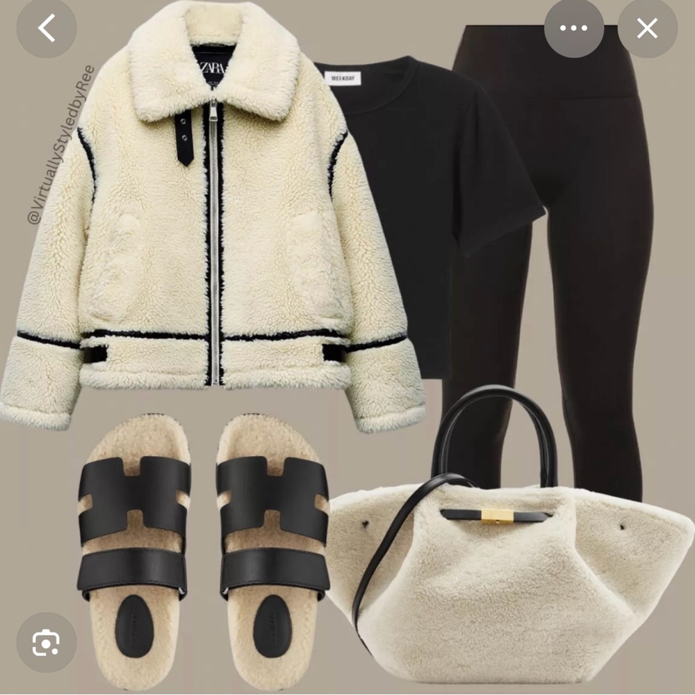 Zara Cream Teddy Jacket with Black Accents